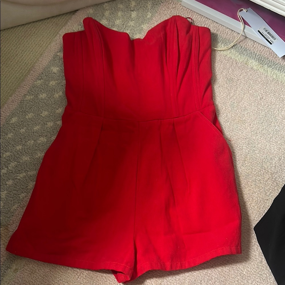 Red Strapless Denim Romper